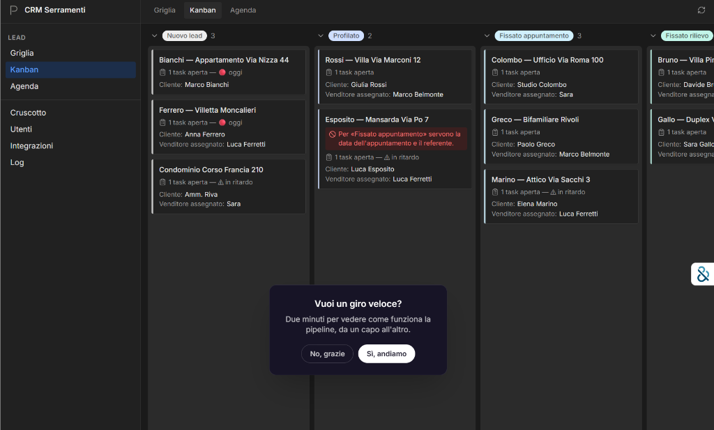 Vista Kanban del CRM per serramentisti con gestione lead a fasi e alert di blocco per dati obbligatori mancanti